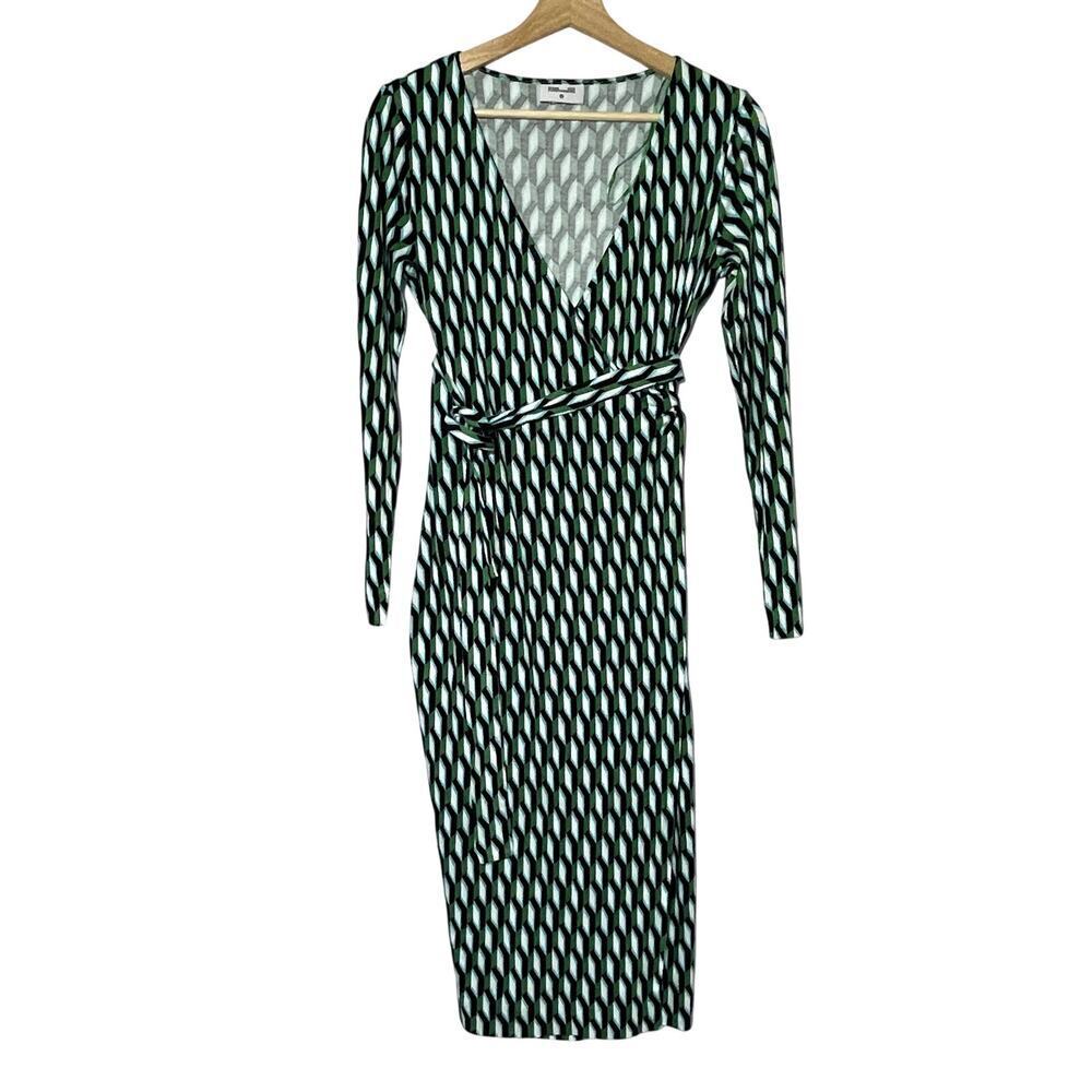 Diane Von Furstenberg green white patterned wraparound midi dress women's S